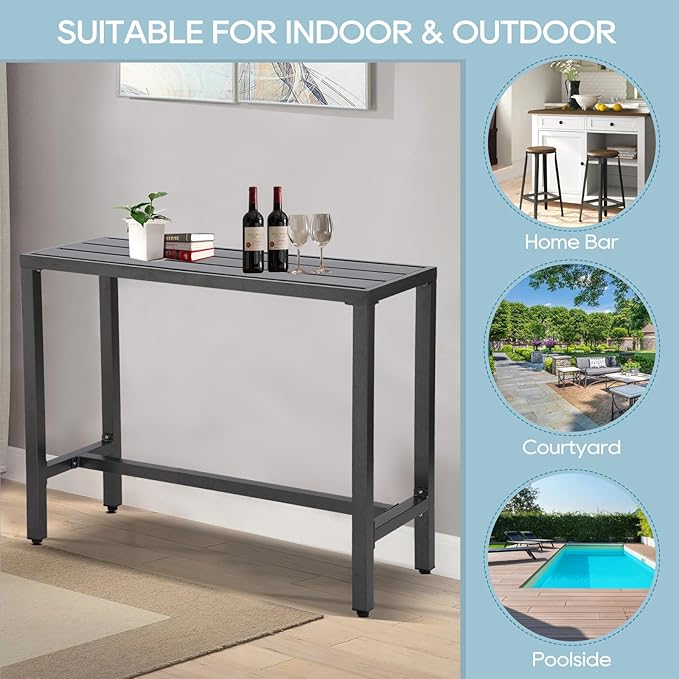 Outdoor Bar Table, Patio Console Pub Height Tables with Powder Coated Steel Frame, Weather Resistant Waterproof Top for Hot Tub, Balcony, Garden, Yard, Poolside (Grey, 55" Bar Table) Sumshadow