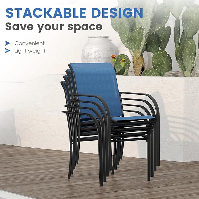 VICLLAX 5 Pieces Patio Dining Set for 4, Outdoor Furniture Set Includes 40.7" Round Patio Table and 4 Patio Stackable Chairs, Black Tabletop and Blue Fabric HOME