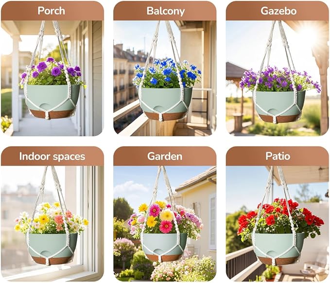 12 Inch Hanging Baskets for Plants Outdoor, Hanging Planters for Indoor Outdoor Plants, Hanging Planter with Self Watering, Hanging Flower Pots (Green Planter with Macrame + Iron Hangers) LesOasis