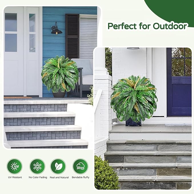 Set of 2 Large Autumn 88 Leaves Artificial Ferns for Outdoors Look Real, Fake Faux Boston Ferns for Outdoor Planter Realistic UV Resistant Artificial Fake Plants for Porch Patio Hanging 47 inch FAJUNZH