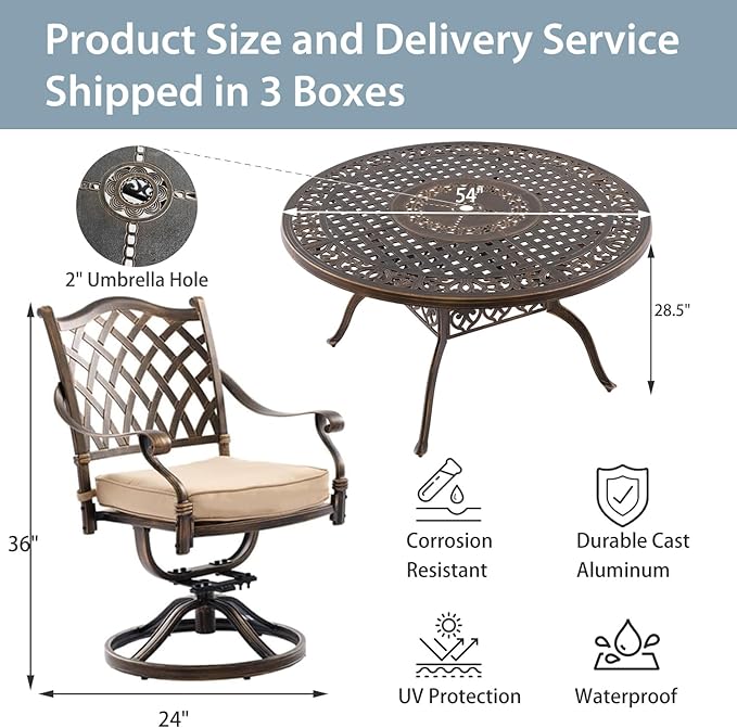 5-Piece Cast Aluminum Patio Furniture, Patio Dining Set for 4 Include 54" Round Outdoor Dining Table and 4 Swivel Chairs with Cushions & Umbrella Hole (Bronze) Rootora