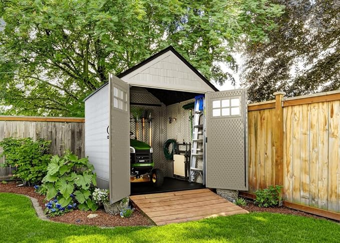 Rubbermaid 7 Foot by 7 Foot Weatherproof Outdoor Storage Shed for Garden Tools and Lawn Machinery Organization with Lockable Double Door Sandstone Rubbermaid