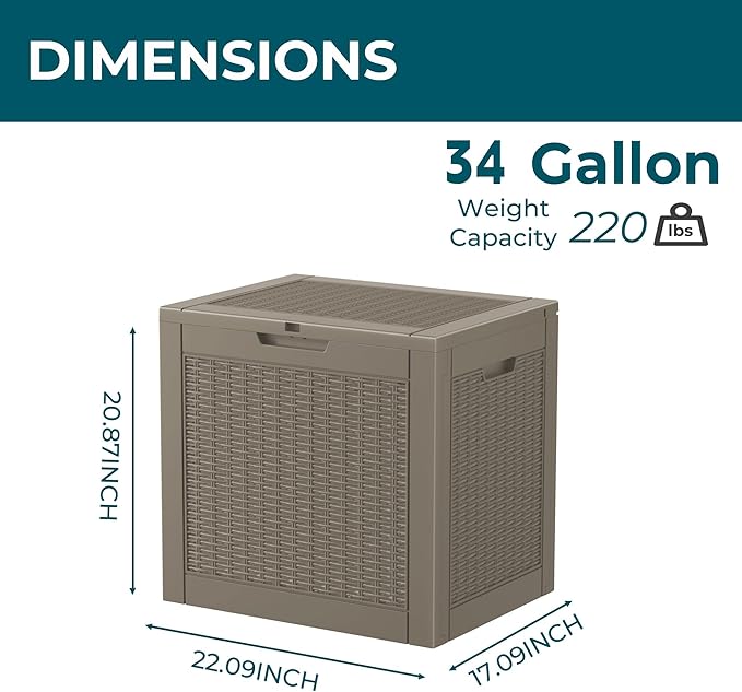 DRATO 34 Gallon Deck Boxes Resin Outdoor Storage Box UV Resistant Outside Deck Box with Lockable Lid for Patio Furniture（Grey，34 Gallon） DRATOprovidesawarmandcozy