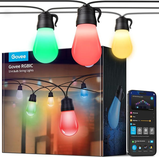 Govee Smart Outdoor String Lights H7029, 24ft RGBIC Outdoor Lights with 8 Dimmable LED Bulbs, IP65 Waterproof, Color Changing Warm White Lights with 47 Scene Modes for Patio, Backyard, App Control Govee