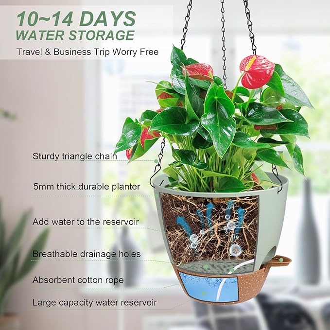Hanging Planters for Indoor Outdoor Plants, 1 Set Self Watering Hanging Pot with Drainage Holes & Removable Tray (Green-12inch, 12'') Vanslogreen