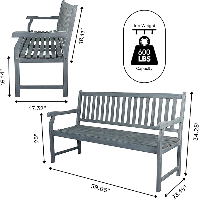 JONATHAN Y BNH101B Laurel 59.1" 3-Seat Slat-Back 600-Lbs Support Acacia Wood Outdoor Garden Patio Bench for Garden, Lawn, Backyard, Pool, Deck, Beach, Firepit, Gray JONATHANY