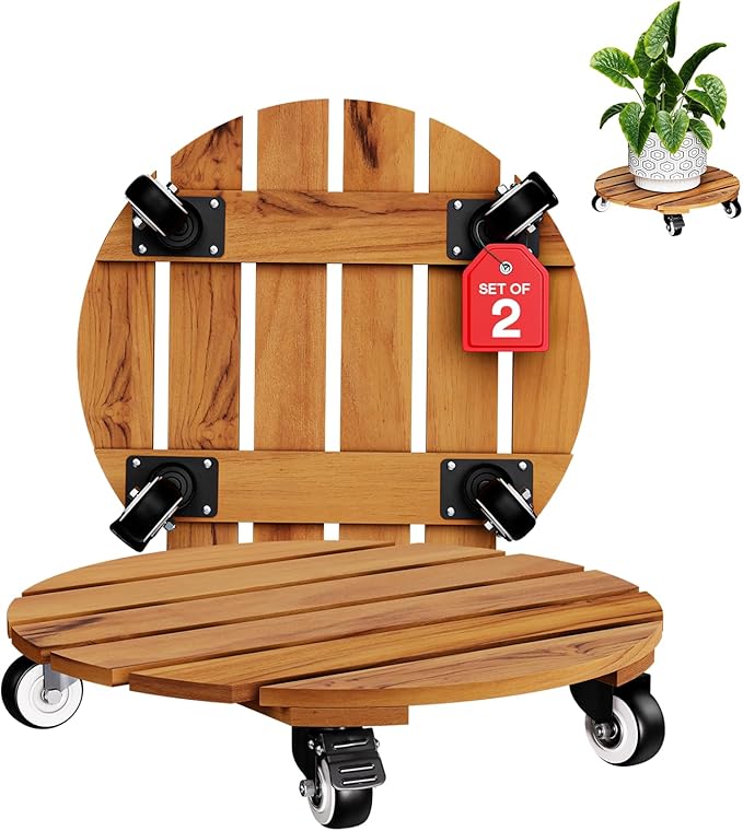 Idzo 2-Pack 14 Inch Acacia Wood Rolling Round Plant Caddy, Plant Caster for Heavy Duty Plant Stand with 360° Lockable Wheels, 264 lbs Capacity Caddy for Indoor and Outdoor Use, Natural Wood Idzo
