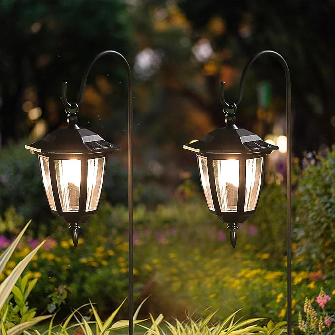 Dynaming 2 Pack Solar Hanging Lights Outdoor, Solar Powered Garden Decorative Lanterns with 2 x 38 Inch Shepherd Hooks, Waterproof Landscape Lighting for Lawn Patio Yard Pathway Driveway, Warm White Dynaming