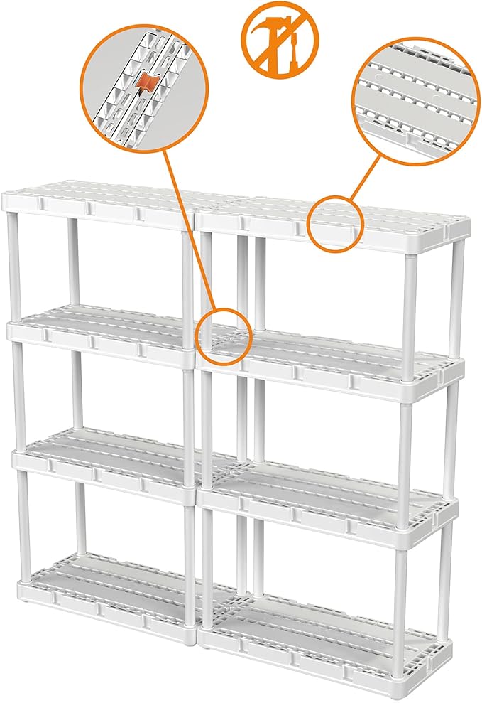 Gracious Living 2 Pack Light Duty Storage Shelves, Knect-A-Shelf 4-Shelf Ventilated Shelving Rack Organizer for Home, Garage, Basement & Laundry, White GraciousLiving