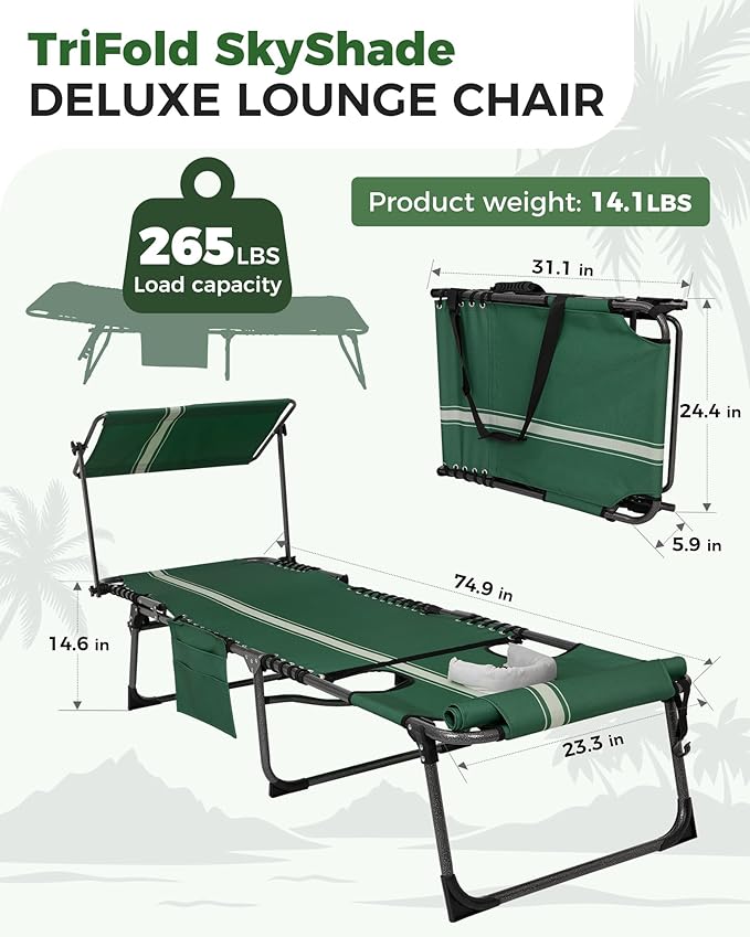 KingCamp Tanning Chair with Face Hole, Lounge Chairs Outdoor Folding Comfy Adjustable 5-Position Foldable Chaise Chaser with Canopy Shade for Outside Beach Patio Sun Bathing Pool, Green/White KingCamp