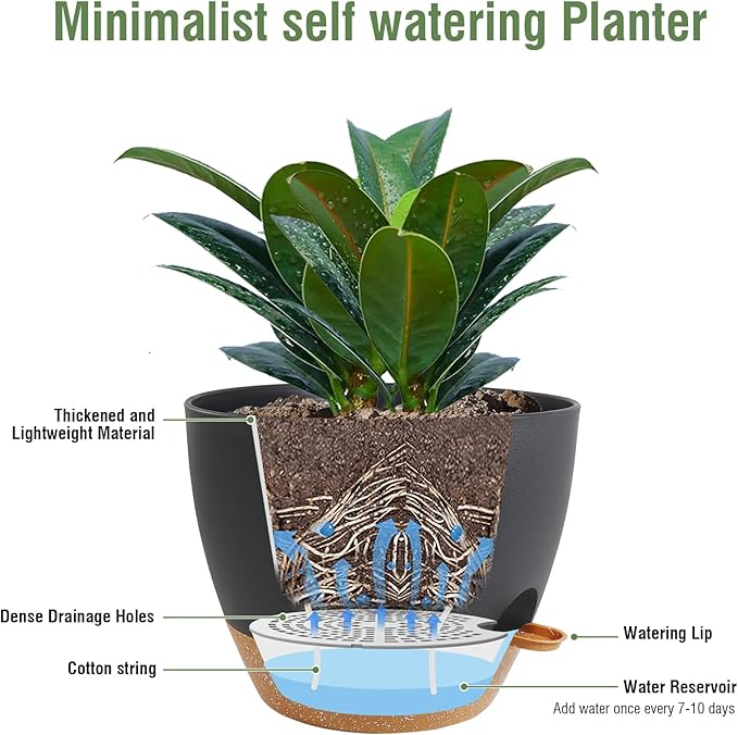 12 inch Large Self Watering Pots, Plant Pots with Mesh Drainage Holes for Indoor Outdoor Plants, Plastic Planters with Deep Reservoir for Garden House Flower Plants, Black with Brown Meowell
