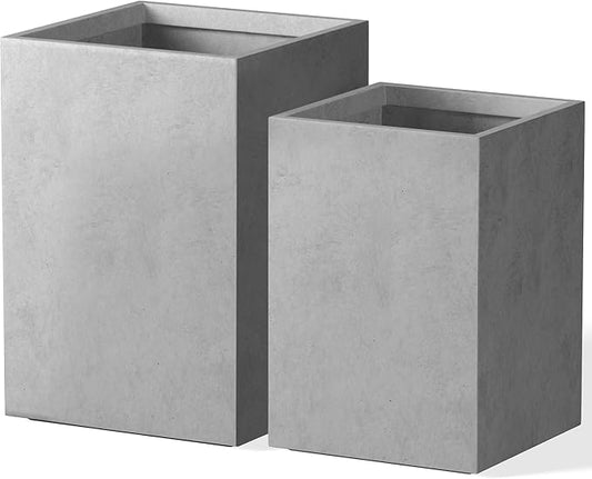 Kante 18.5",15.7" H Tall Rectangular Concrete Planters Set of 2, Outdoor Indoor Lightweight Plant Pots with Drainage Hole and Rubber Plug, Modern Style for Home Garden Patio, Natural Concrete Kante