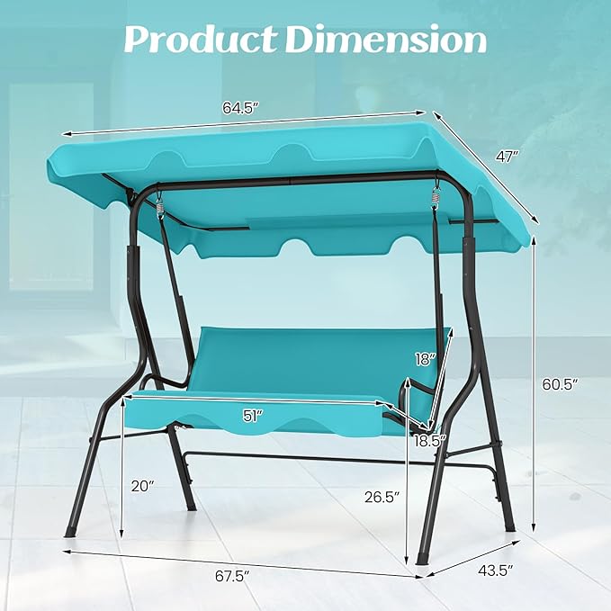 Tangkula 3 Person Porch Swing, Patio with Removable Cushion & Powder-Coated Steel Frame, Outdoor Swing with Canopy for Porch, Backyard, Garden, Balcony (Turquoise) TANGKULA