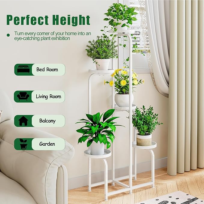 Plant Stand Indoor Outdoor 5 Tier Metal Plant Shelf for Multiple Plants Corner Flower Holders for Living Room Balcony Bedroom Patio Garden, Black (White, 5-Tier) INGIORDAR