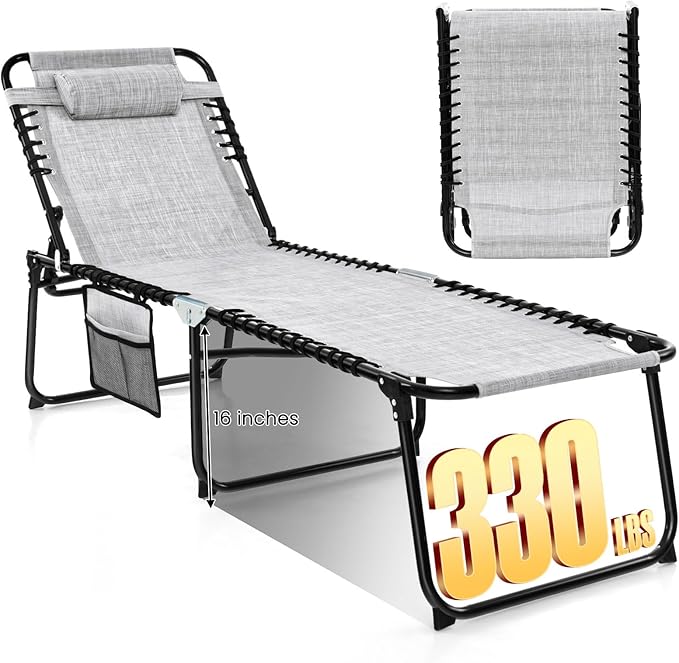 GYMAX Lounge Chairs for Outside, Extra High Folding Beach Tanning Lounger with Adjustable Backrest, Footrest & Removable Pillow, Sunbathing Lounge for Patio, Poolside (1, Grey with Pocket) GYMAX