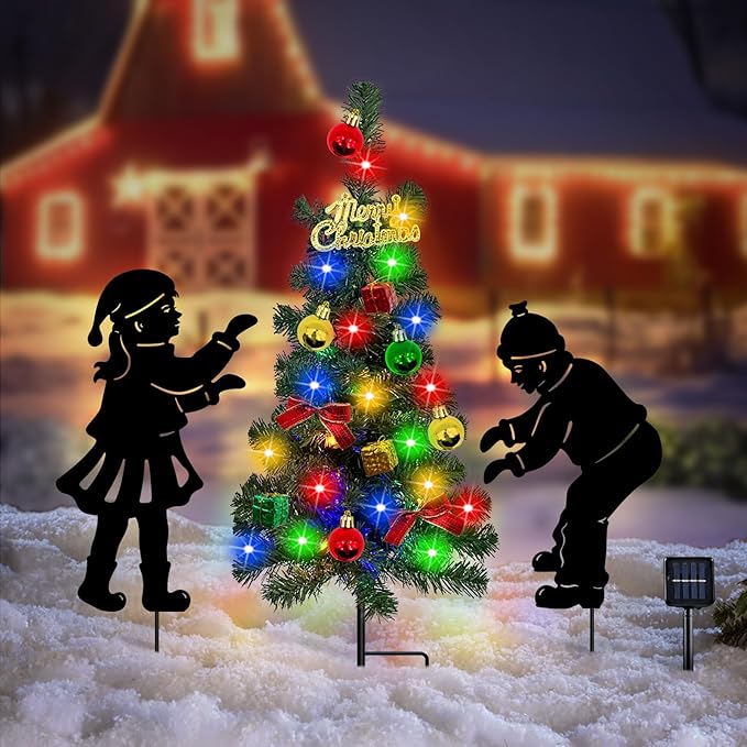 Solar Outdoor Christmas Tree,3 Pack Christmas Outdoor Decorations with Boy and Girl Garden Stakes,Color Changing LED Lights,Waterproof Xmas for Yard,Lawn,Pathway HokfirmHomeDecorGarden