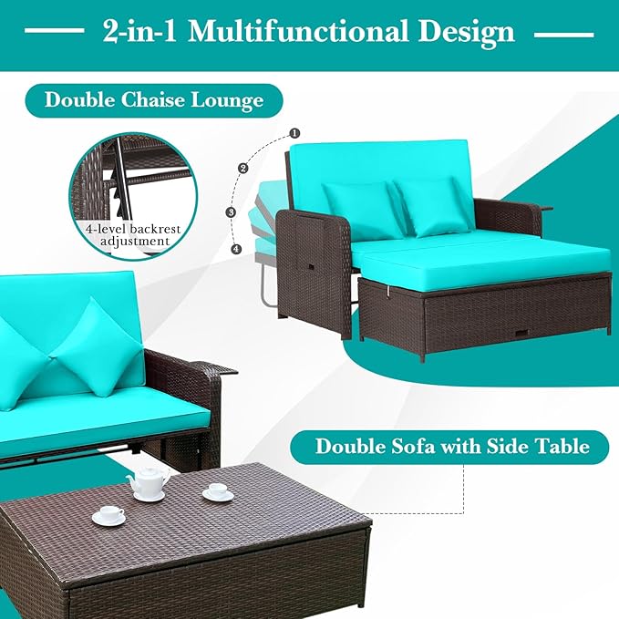 Nightcore Wicker Patio Outdoor Daybed, Outdoor Chaise Lounger w/ 4-Level Adjustable Backrest, Retractable Side Trays, Storage Ottoman, Comfortable & Removable Cushions, Rattan Loveseat (Turquoise) Goplus