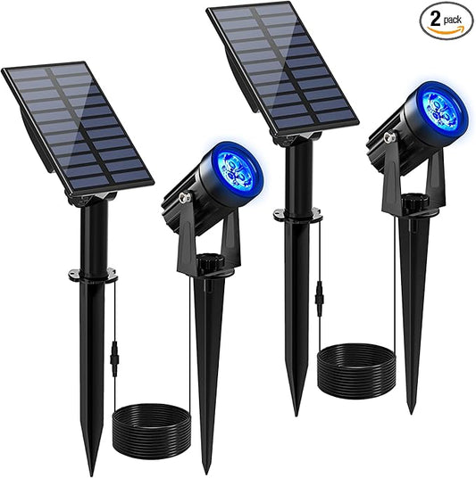 Blue Solar Spot Lights Outdoor,2 Pack Solar Landscape Spotlights IP65 Waterproof 9.8ft Cable, Auto On/Off Outdoor Wall Lights for Garden Yard Driveway Porch Walkway Pool (1-in-1) CREPOW