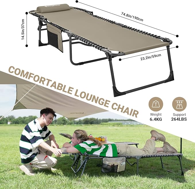 KingCamp Lounge Chair Outdoor, Folding Portable Tanning Chairs Comfy Adjustable 5-Position Lay Flat Foldable Chaise Chaser Lounger with Pillow for Outside Beach Patio Sun Bathing Pool, Beige KingCamp