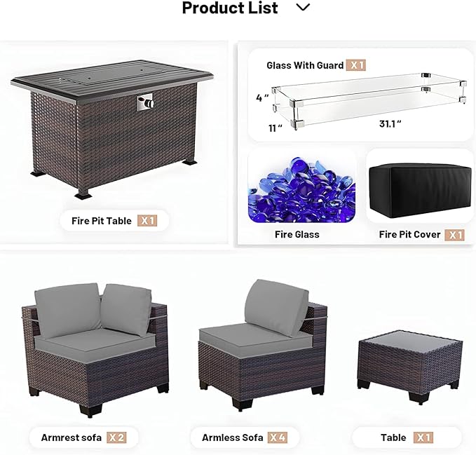 Kullavik 8 Pieces Outdoor Patio Furniture Set with 43" 55000BTU Gas Propane Fire Pit Table PE Wicker Rattan Sectional Sofa Patio Conversation Sets,Grey KULLAVIK