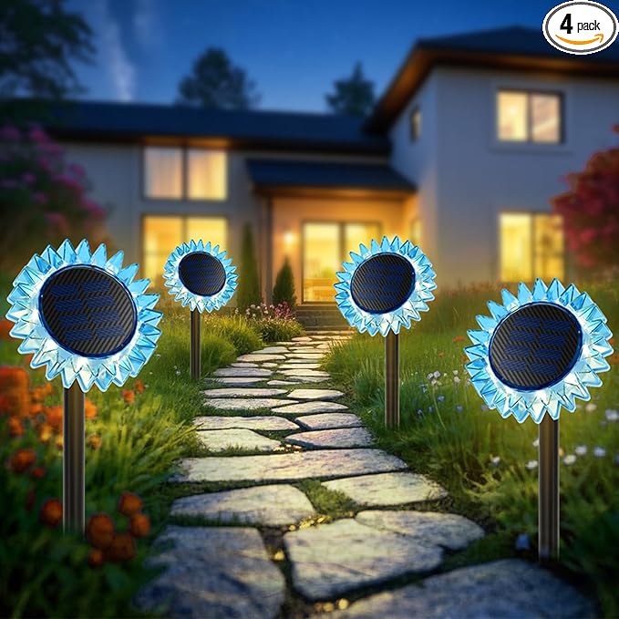 Outdoor Solar Lights, 4 Pack Led Solar Sunflower Lights, Stake/Wall 2-in-1 Waterproof Solar Garden Lights for Yard, Landscape, Fence, Patio, Driveway, Pathway, Backyard Decoration (Warm White) GIUNN