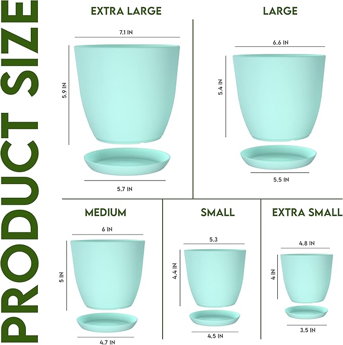 Utopia Home - Plant Pots Indoor with Drainage - 7/6.6/6/5.3/4.8 Inches Flower Pots for Indoor Planter - 5 Pack Plastic Planters - Ideal for Stocking Stuffers or Home Christmas Decorations - Aqua UTOPIAHOME