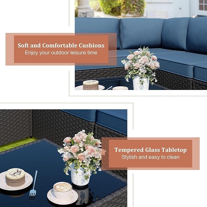 JAMFLY Patio Furniture Sets, 6-Piece Outdoor Patio Furniture with 43'' Propane Gas Fire Pit Table, Wicker Outdoor Conversation Set Sectional Sofa for Backyard, Poolside, Garden, Aegean Blue JAMFLY
