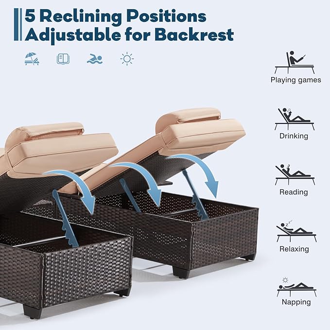 Outdoor Lounge Chairs, Pool Lounge Chairs Set of 2, Outdoor Chaise Lounge with Adjustable Backrest & Cup Holder,Khaki Cushiom YALISSEY