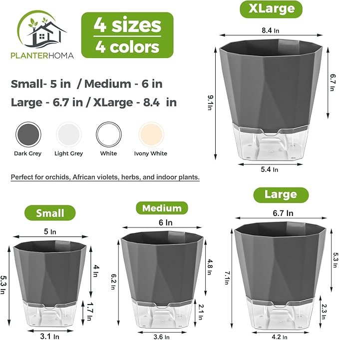 5 Pack Self Watering Pots for Indoor Plants, 5/6.7/8.4 in Self Watering Planters African Violet Self Watering Clear Pots for Plants Herb Orchid Flower Houseplant Pots, Dark Grey Planterhoma
