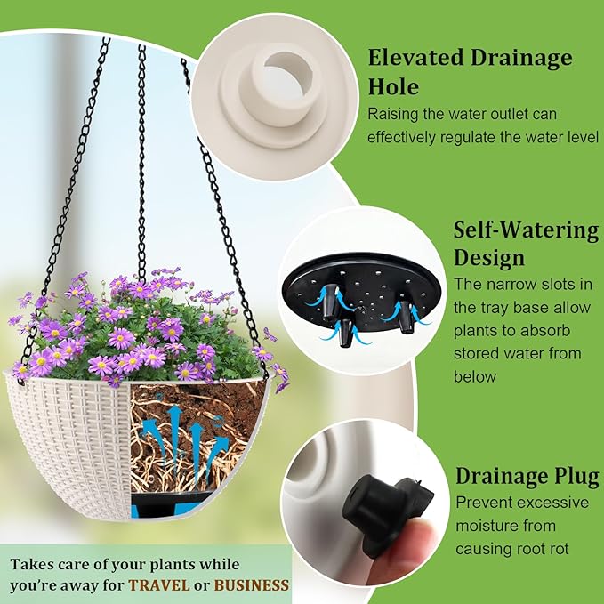 Hanging Planters for Indoor Outdoor Plants 8 and 10 Inch, 4 Packs Hanging Flower Pot with Drainage Holes, Self-Watering Hanging Basket Perfect for Home, Office and Garden, White RooTrimmer