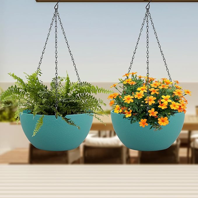 10 inch Hanging Planters for Indoor Outdoor Plants, 2 Pack Hanging Flower Pots with Drainage Holes and Chain for Garden Porch, Plastic Hanging Baskets for House Plants, Blue Green Meowell