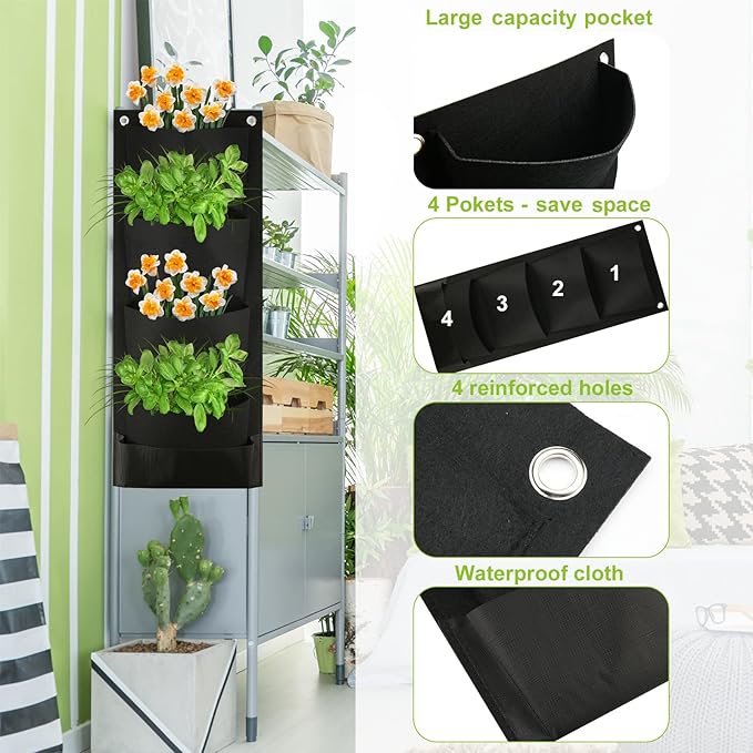 Cosmos Hanging Wall Planter with 4 Pockets Vertical Garden Planter Wall Mounted Flower Pouch Plant Growing Bag Garden Tools Storage Bag for Outdoor Decor Rootora