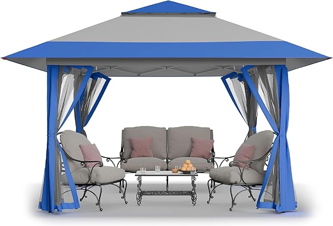 CROWN SHADES 13x13 Pop Up Gazebo, Canopy Tent, Gazebos on Clearance - Outdoor Gazebo for Backyard & Patio Furniture - Carpa Pop Up Tent with Wheeled STO-N-Go Cover Bag (Blue & Grey) CrownShades
