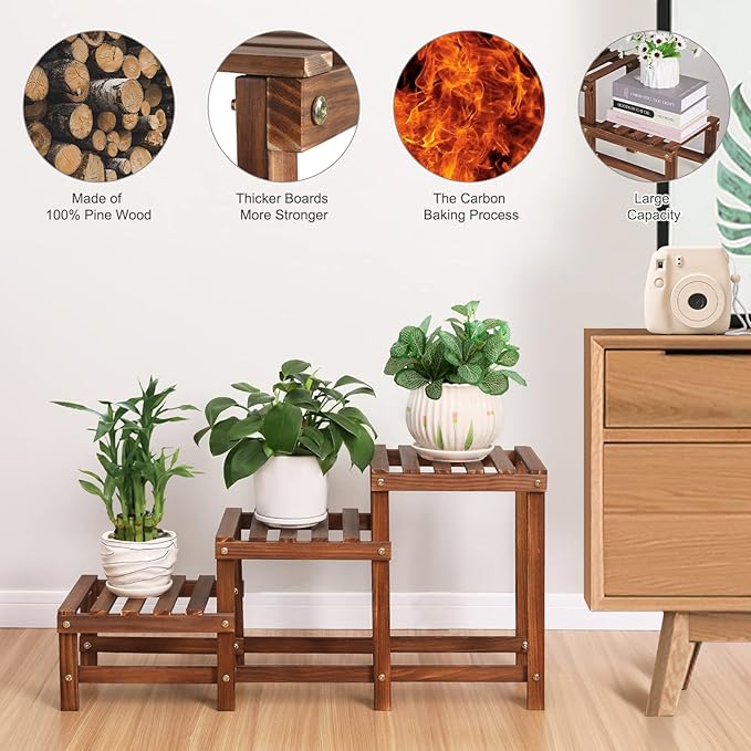 3 Tiers Plant Stand Indoor,Wood Plant Stands for Indoor Plants Multiple,Corner 3 Steps Ladder Plant Shelf High Low Flower Stand Planter Display Rack for Patio Balcony Living Room Jotboom