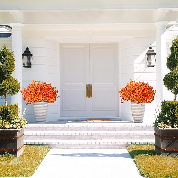 16 Bundles Artificial Fall Flowers for Outdoors Fake Plants UV Resistant Plastic Plants Shrubs Bushes for Home Fall Front Door Porch Garden Autumn Decor (Fall Orange) Grunyia