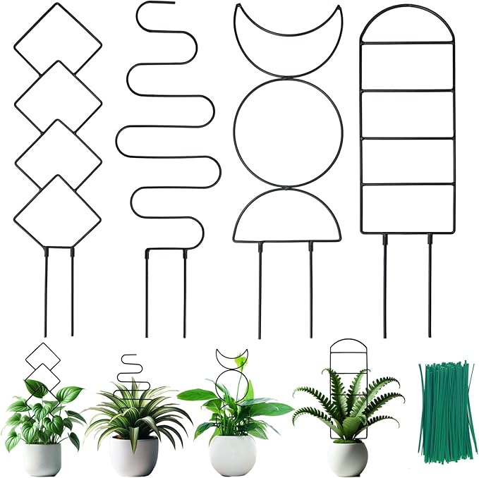 4 Packs 19 in Heighten Trellis for Climbing Plants Indoor, HENABLE Small Garden Metal Trellis for Potted Plants Outdoor for Vine Ivy Flower Plant Support, 4 Different Black Iron Patterns HENABLE