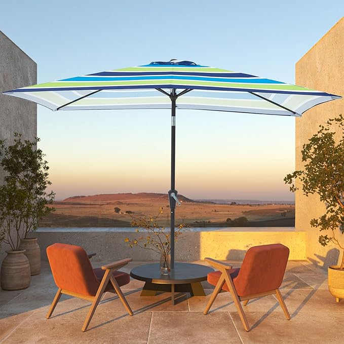 JEAREY 6.5x10 ft Rectangular Patio Umbrellas Rectangle Outdoor Umbrella with Push Button Tilt and Crank, Market Table Umbrella 6 Sturdy Ribs UV Protection for Poolside Garden Backyard Deck, Blue-Green Stripe JEAREYOutdoorsCollection
