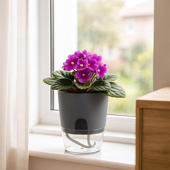 8 Pack Self Watering Pots for Indoor Plants, PlanterHoma 3.2 Inch Plant Pot Plastic Self Watering Planter for Orchid, African Violet, Mini Clear Flower Pots with Drainage Holes and Wicking Rope, Grey Planterhoma