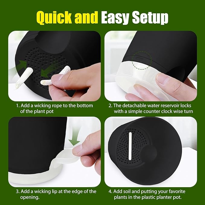 Plant Pots 7 Inch Self Watering Pots, 6 Pack Plastic Planters with Drainage Holes and Clear Saucers,Plastic Flower Pots for Indoor Out Door Plants (Black) SQKH
