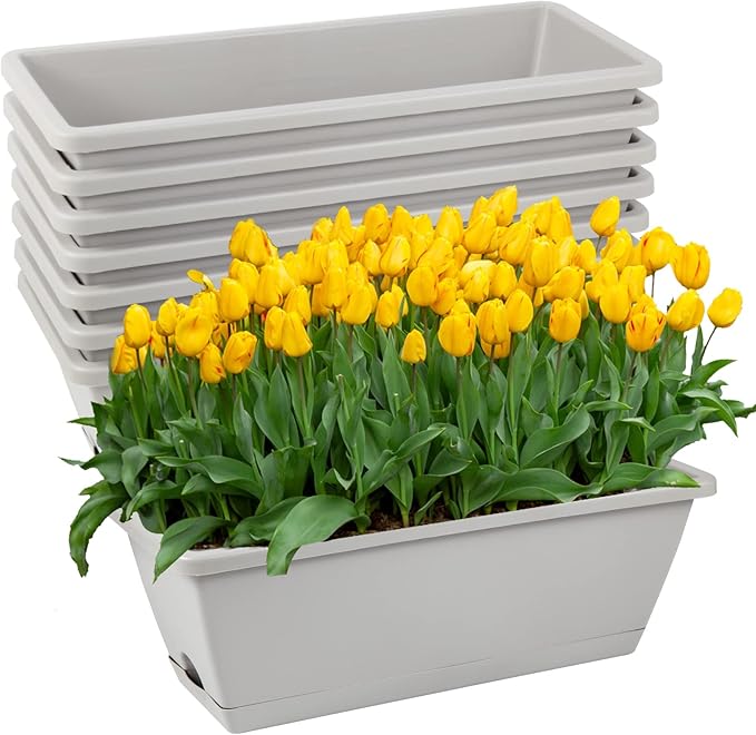 8pcs Window Box Planter, 17 Inches Flower Window Boxes, Rectangle Planters Box with Drainage Holes and Trays, Plastic Vegetable Planters for Windowsill Patio Garden Home Decor Porch Yard (Grey) Hananojia