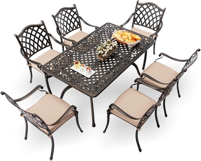 7-Piece Cast Aluminum Patio Furniture, Patio Dining Set for 6 Include 59" Rectangular Outdoor Dining Table and 6 Stackable Chairs with Cushions & Umbrella Hole (Bronze) Rootora