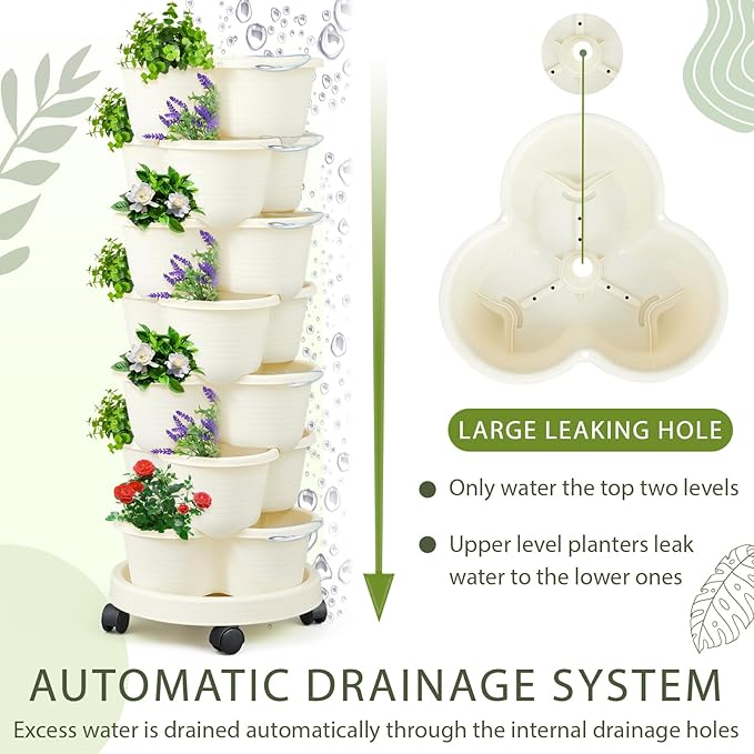 Umigy 2 Set Ivory 2 Set of 7 Tier Stackable Vertical Planters with Removable Wheels and Tools Tower Planters Strawberry Herb Flower Vegetable Pots Indoor Outdoor Gardening Pots Umigy