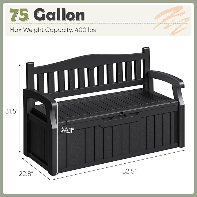 Homall 75 Gallon Outdoor Storage Benches Lockable Deck Box with Waterproof and UV Resistant, Waterproof Storage Box for Patio Furniture, Tools, Cushions (Black) Homall