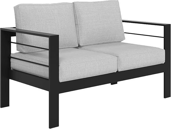 Solaste Aluminum Patio Loveseat, Metal Patio Sofa with Water-Resistant Cushion, Weather-Resistant Modern Outdoor Loveseat, Black Frame Grey Cushion Solaste
