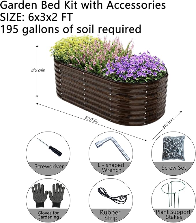 Galvanized Metal Planter Round Raised Garden Bed Kit for Gardening Outdoor Garden Box Raised Flower Bed 1CP Wooden Color 6X3X2F ZFHgarden