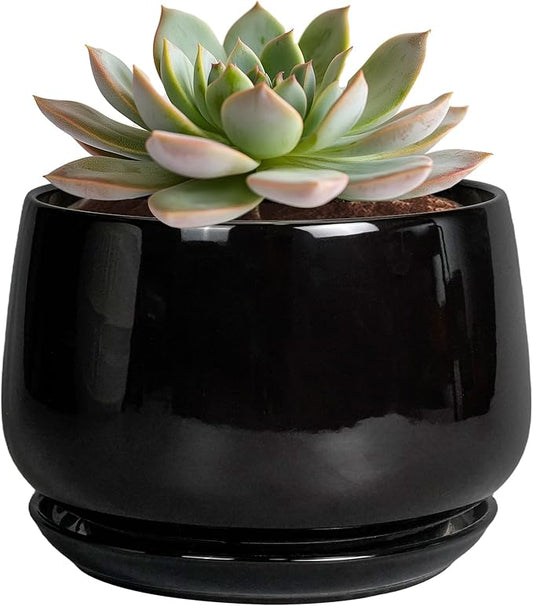 G EPGardening 6 Inch Planter - Ceramic Pot for Plants, Ceramic Planter with Drainage and Saucer, Round Flower Pot Indoor Outdoor, Modern Room Decor, Home Gifts, Black GEPGardening
