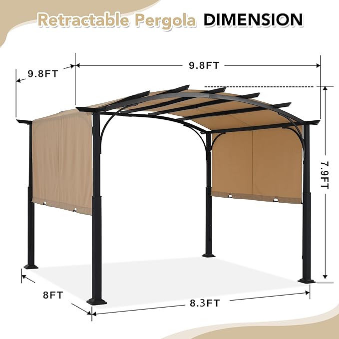 MASTERCANOPY 10x10ft Outdoor Retractable Pergola with Sun Shade Canopy Patio Metal Garden Pergola,Beige MASTERCANOPY
