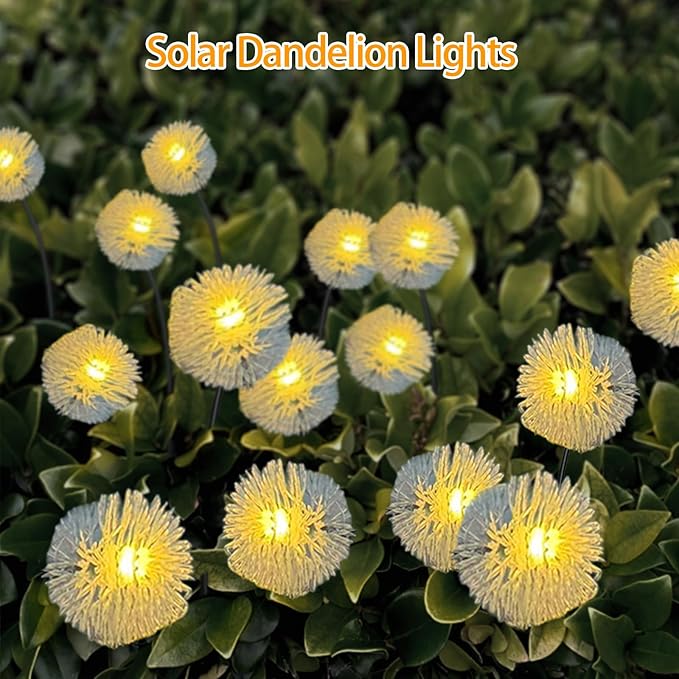 4PK 32LED Solar Garden Lights Outdoor, Dandelion Solar Lights Outdoor, IP65 Waterproof Firefly Light Outside Decor for Patio Pathway, Sway by Wind for Fairy Garden Dandelion Decorations, Warm White KAQ
