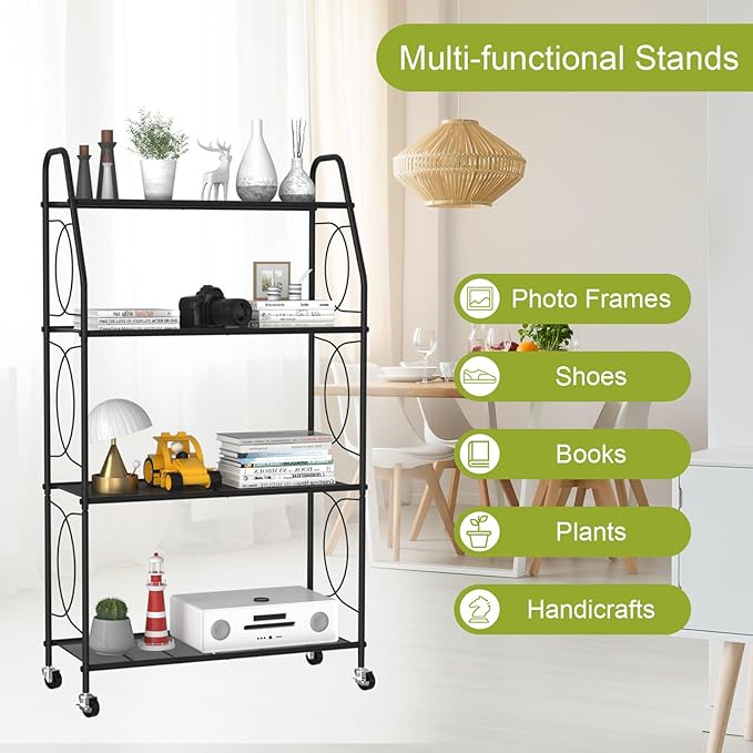 4 Tier Plant Stand with Wheels, Plant Shelf for Indoor Outdoor, Heavy Duty Metal Tall Plant Stands Holder Rack for Living Room Balcony and Garden, Black VyGrow