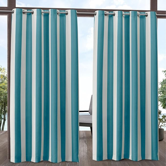 Exclusive Home Canopy Stripe Indoor/Outdoor Grommet Top Curtain Panel, 54"x108", Teal / White, Set of 2 Exclusive+Home